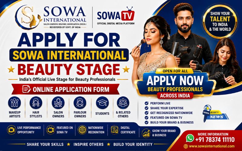 Professional SOWA International Beauty Stage online registration banner showing application form for makeup artists, hair stylists, salon owners, beauty students and beauty professionals with SOWA TV branding.