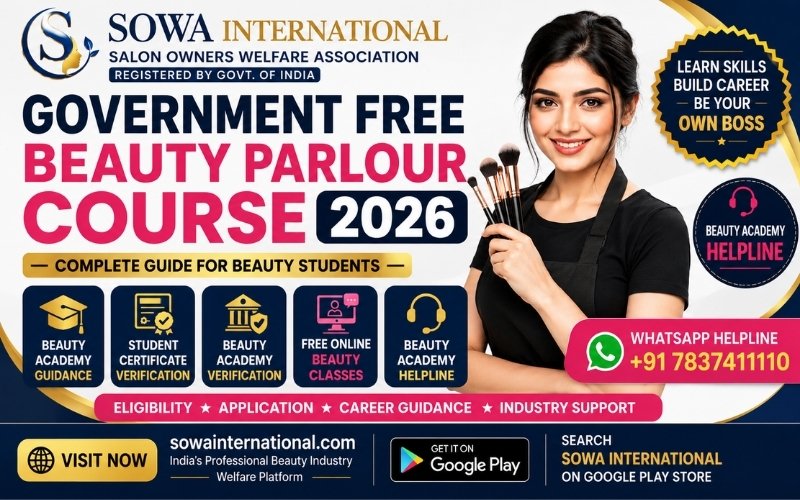 Professional Government Free Beauty Parlour Course 2026 banner showing beauty academy guidance, free online beauty classes, student certificate verification, beauty academy verification and WhatsApp beauty academy helpline by SOWA International.