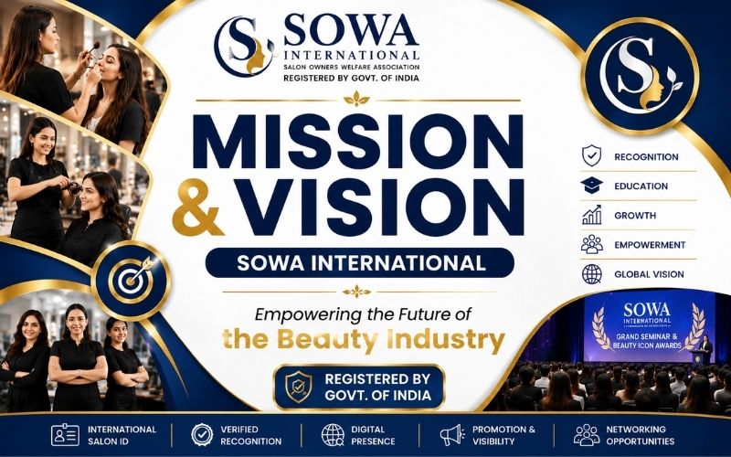 Professional Mission and Vision banner of SOWA International showing the official logo, beauty professionals, salon business growth, International Salon ID, beauty industry empowerment, education, recognition, digital presence, networking, and professional development.