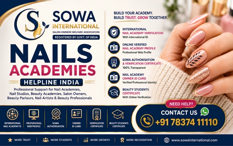 Professional Nails Academies Helpline promotional banner showing International Nail Academy Verification, Online Verified Nail Academy, International Nail Academy ID, Nail Academy Owner ID Card, SOWA Authorisation, Professional Web Profile and Beauty Students Certificate with Online Verification for Nail Academies, Beauty Academies, Nail Studios, Salon Owners, Beauty Parlours, Makeup Artists, Nail Artists, Beauty Trainers, Nail Technicians and Beauty Students.