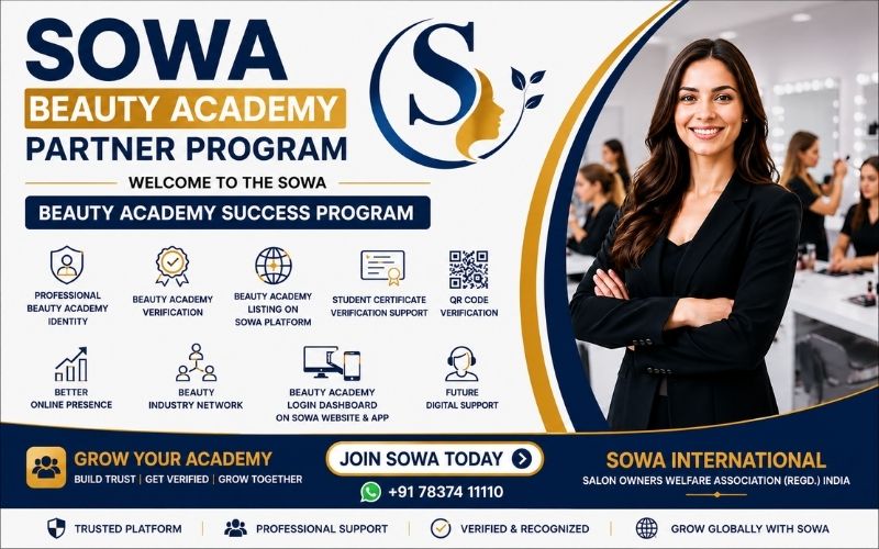 Professional SOWA Beauty Academy Success Program banner with academy login dashboard, beauty academy verification, student certificate verification and academy listing.