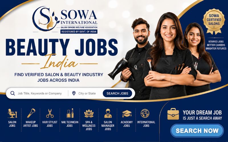 Professional SOWA Beauty Jobs India banner showing verified salon recruitment, beauty industry careers, hair stylist jobs, beautician vacancies, makeup artist opportunities and certified employers in India.