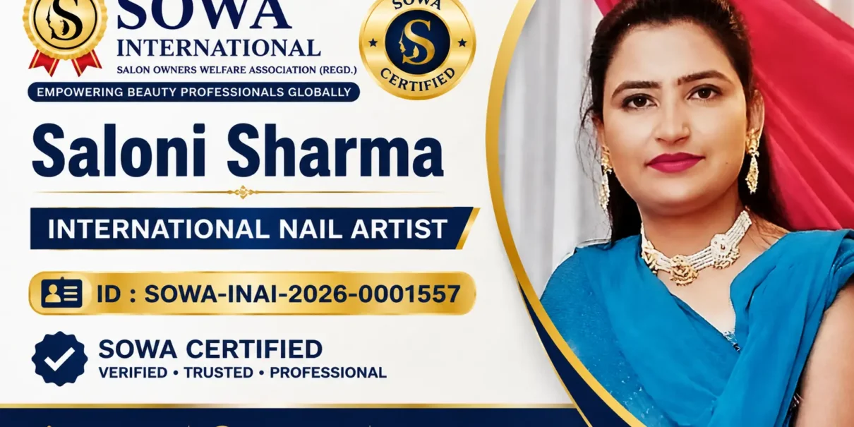 Official SOWA Certified banner of Saloni Sharma showing International Nail Artist identity, verified professional profile and International Nail Artist ID SOWA-INAI-2026-0001557 in Punjab, India.