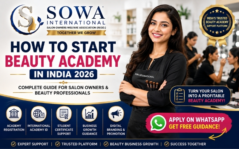 Professional Beauty Academy Registration in India thumbnail featuring SOWA International, complete Beauty Academy Business Plan, Beauty Academy Investment Guide, Student Certificate Verification, Beauty Academy Website Setup, Beauty Academy Marketing, Beauty Academy Courses List and salon business growth.