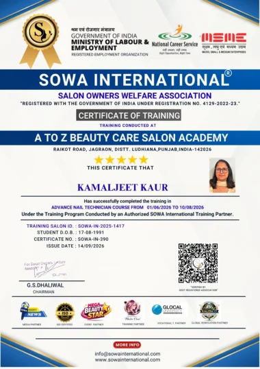 Advance Nail Technician training certificate of Kamaljeet Kaur from A to Z Beauty Care Salon Academy Jagraon Punjab