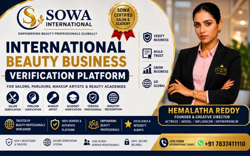 Hemalatha Reddy Actress presenting SOWA International beauty professional verification and global recognition platform for salons and beauty businesses