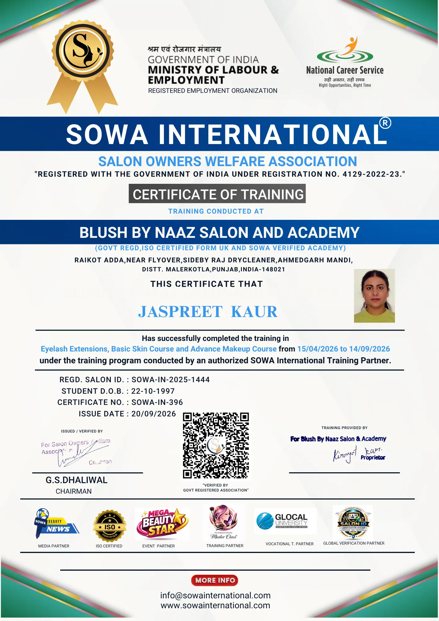 Jaspreet Kaur SOWA International training certificate from Blush by Naaz Salon and Academy for Eyelash Extensions Basic Skin and Advance Makeup Course