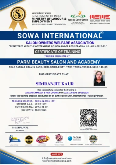 SOWA International training certificate for Simranjit Kaur – Advance Makeup and Hair Course at Parm Beauty Salon and Academy, Punjab