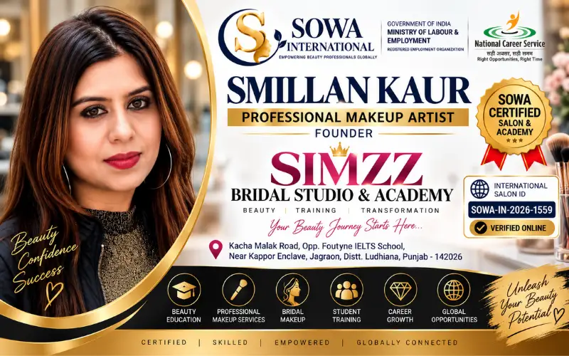 Simzz Bridal Studio and Academy Jagraon Punjab with Smillan Kaur and International Salon ID SOWA-IN-2026-1559