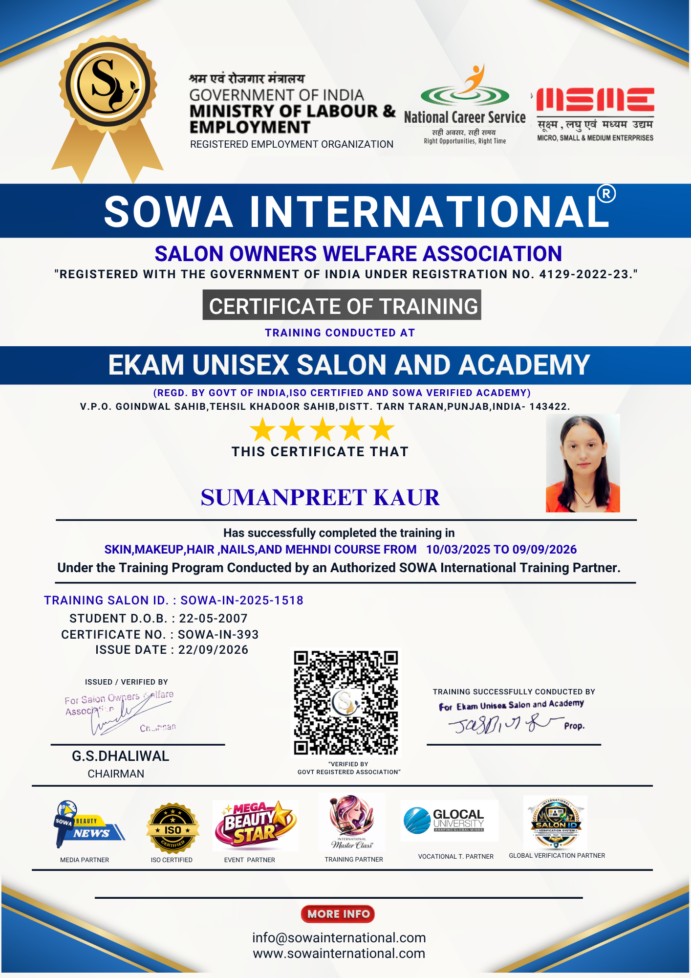 Sumanpreet Kaur Skin Makeup Hair Nails and Mehndi Training Certificate from Ekam Unisex Salon and Academy Tarn Taran Punjab