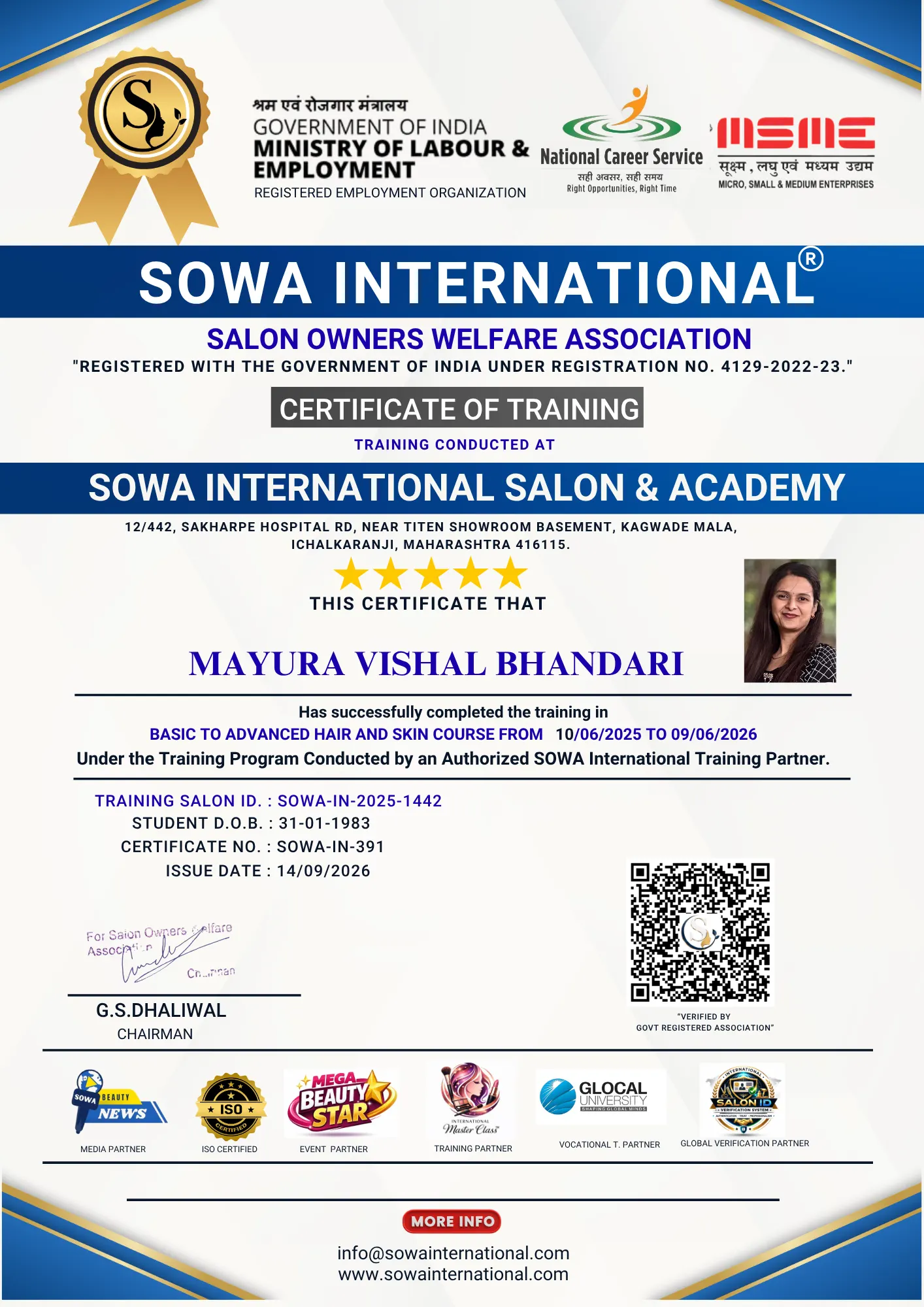 Mayura Vishal Bhandari SOWA International Basic to Advanced Hair and Skin Course Training Certificate 2026