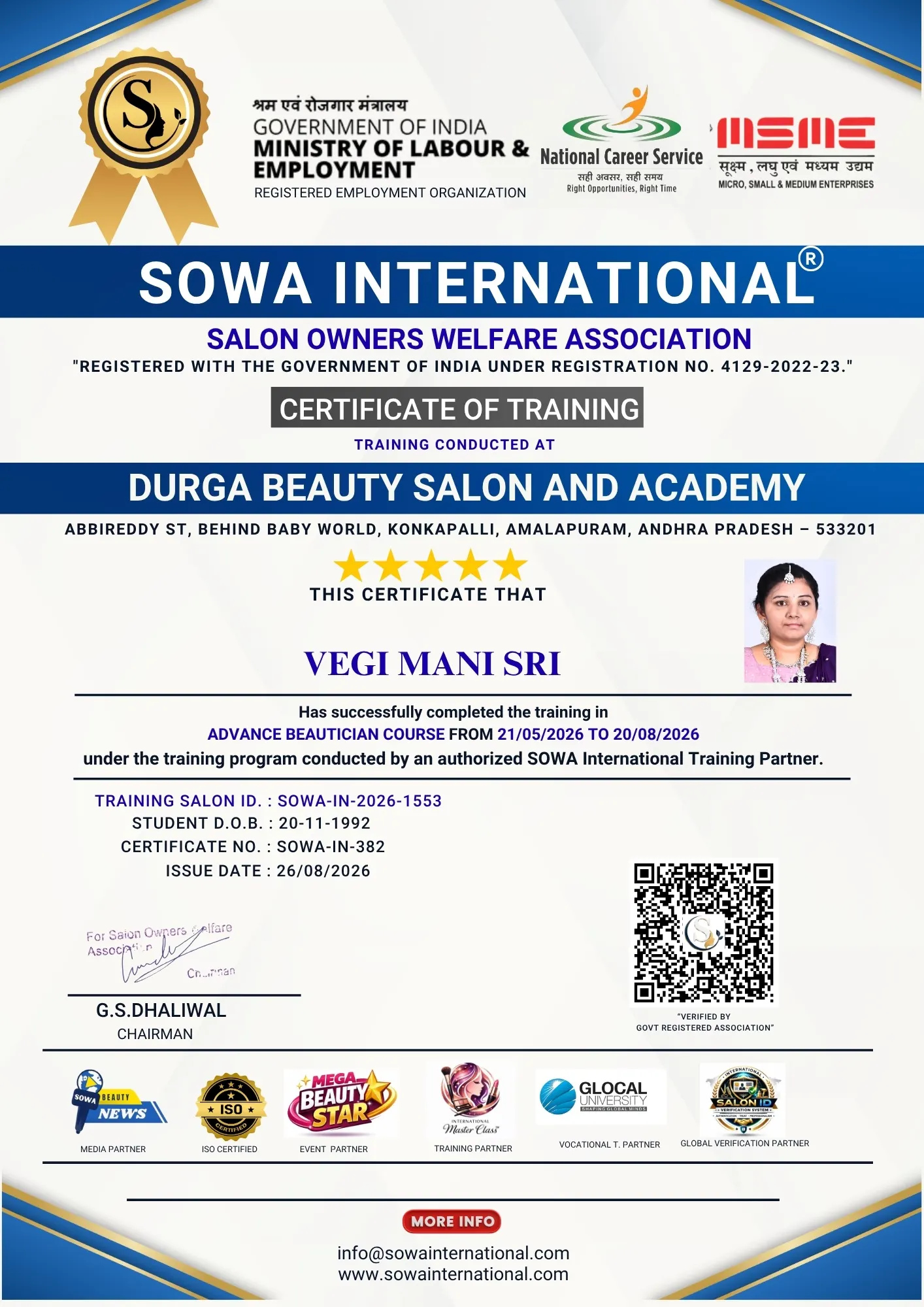 Advance Beautician Course training certificate of Vegi Mani Sri from Durga Beauty Salon and Academy in Amalapuram, Andhra Pradesh