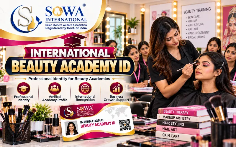 International Beauty Academy ID by SOWA International featuring an Indian beauty academy, makeup trainer and students learning professional beauty skills.