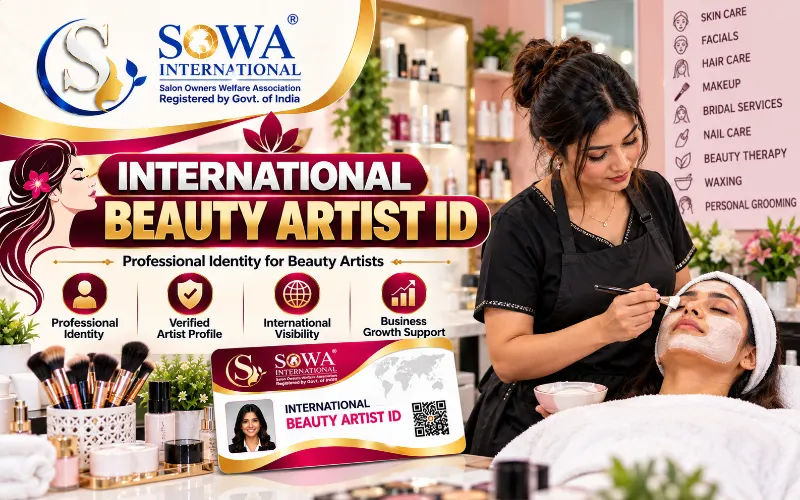 International Beauty Artist ID by SOWA International featuring a professional Indian beautician providing facial treatment in a beauty salon.