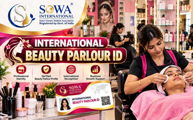 International Beauty Parlour ID by SOWA International for Indian beauty parlour owners, featuring a beautician performing a facial treatment.