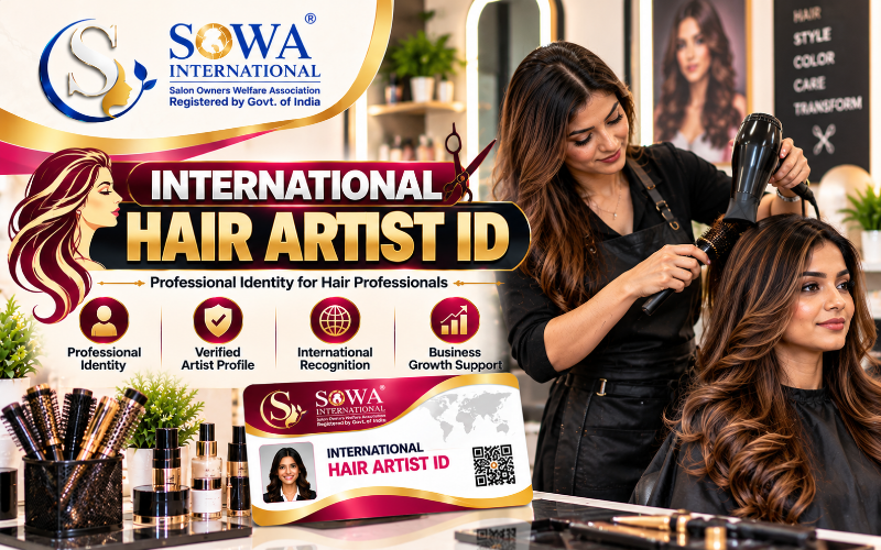 International Hair Artist ID by SOWA International featuring a professional Indian hairstylist styling a client's hair in a modern salon.
