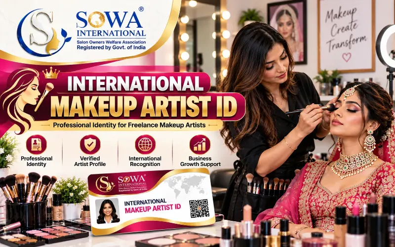 International Makeup Artist ID by SOWA International featuring an Indian bridal makeup artist working on a bride in a professional makeup studio.