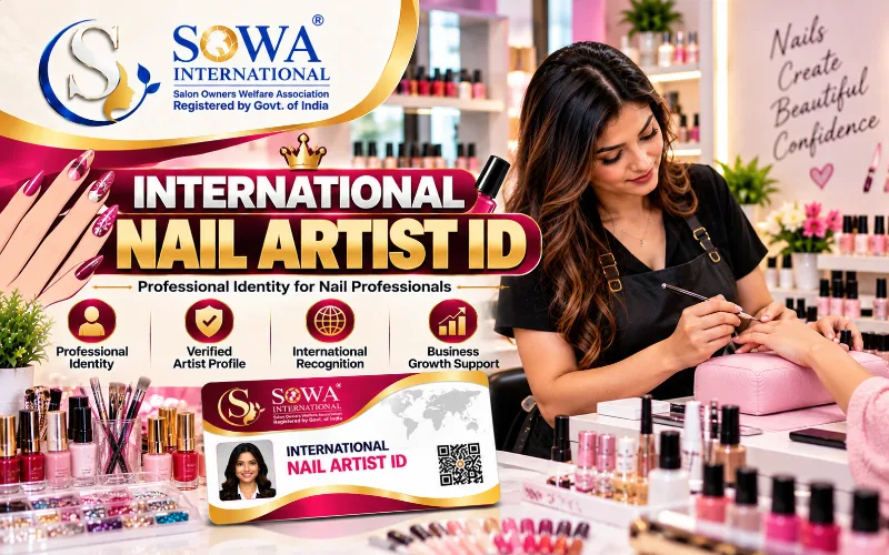 International Nail Artist ID by SOWA International featuring a professional nail artist creating nail art in a modern nail studio.