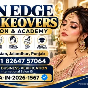 Find On Edge Makeovers Salon & Academy in Malsian, Jalandhar, Punjab, for bridal makeup, hair and beauty services, and beauty training. Call +91 82647 57064. International Salon ID: SOWA-IN-2026-1567. On Edge Makeovers Malsian | Salon & Academy | Book Now