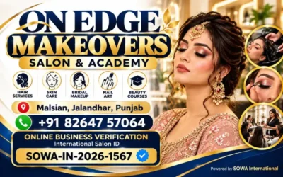 Find On Edge Makeovers Salon & Academy in Malsian, Jalandhar, Punjab, for bridal makeup, hair and beauty services, and beauty training. Call +91 82647 57064. International Salon ID: SOWA-IN-2026-1567. On Edge Makeovers Salon & Academy, Malsian, Jalandhar