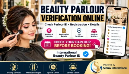 Online beauty parlour verification showing International Beauty Parlour ID, salon services, registration details, beauty offers and business profile.
